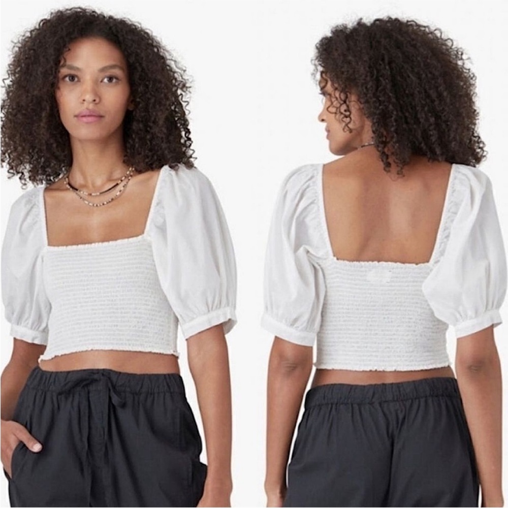 XiRena Issa White Smocked Square Neck Puff Sleeve Crop Top Small